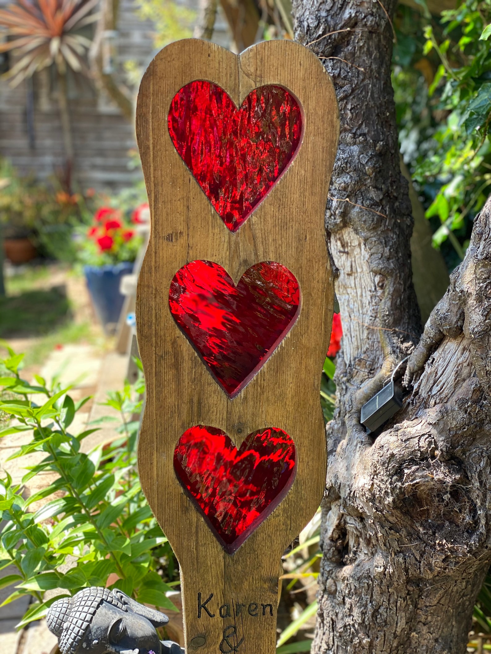 Hearts Garden Sculpture Stained Glass Reclaimed Wood Garden Etsy UK