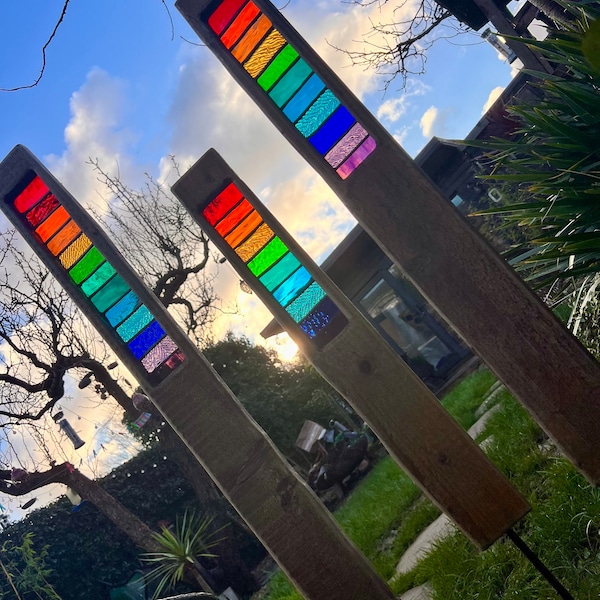 Handmade Rainbow Outdoor Decorations, Flower bed Art, Stained-Glass Garden Sculpture, Reclaimed Wood UK Handmade, Garden Lovers, Collections