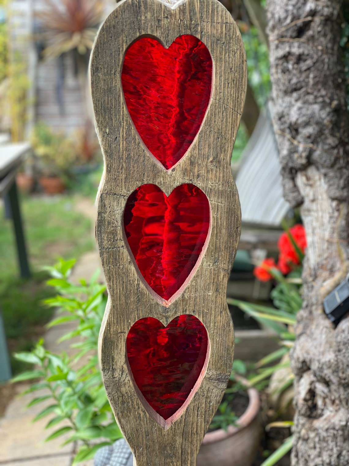 Hearts Garden Sculpture Stained Glass Reclaimed Wood Garden Etsy