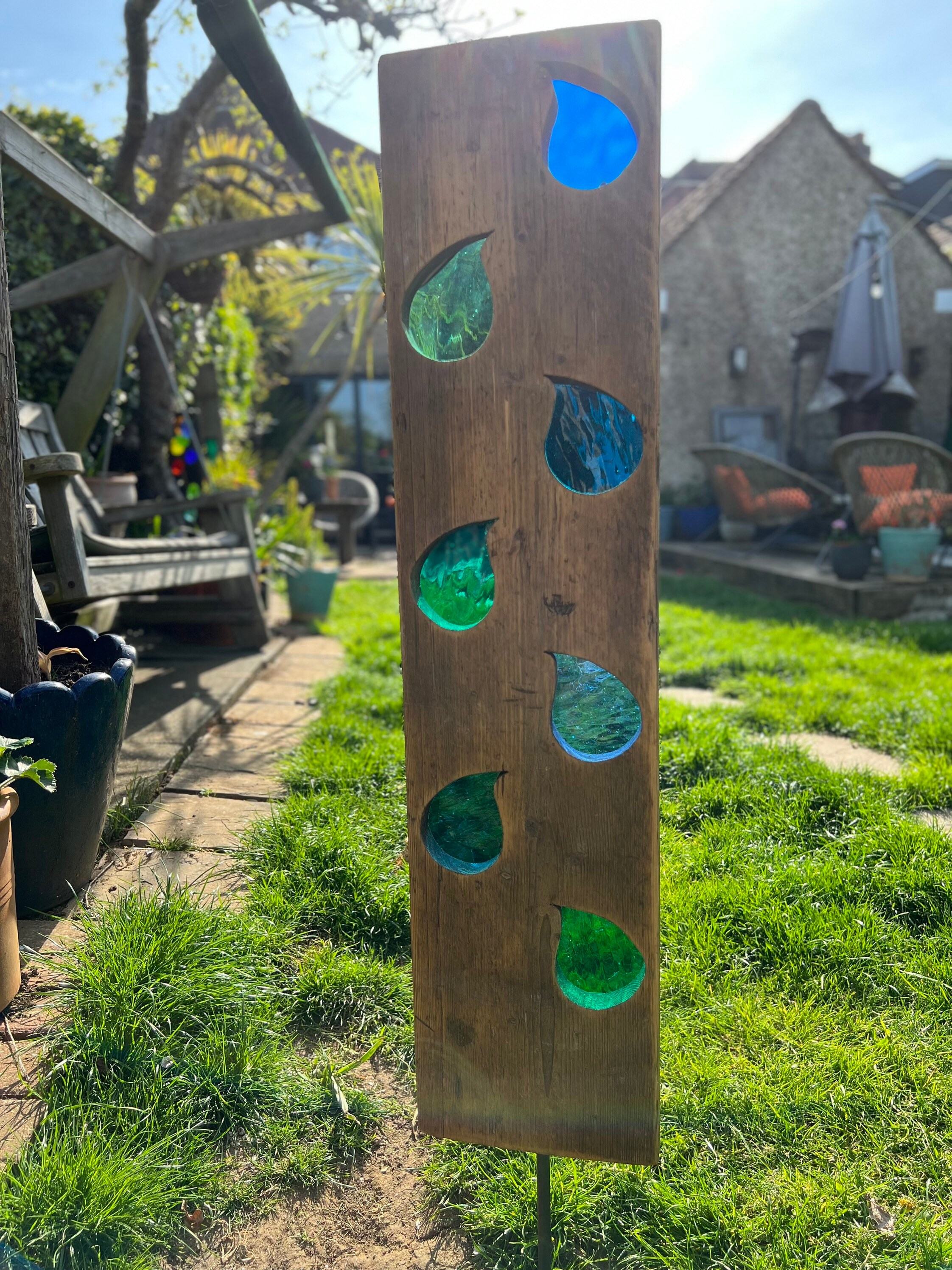 Abstract Garden Sculpture Stained Glass Reclaimed Wood Etsy UK
