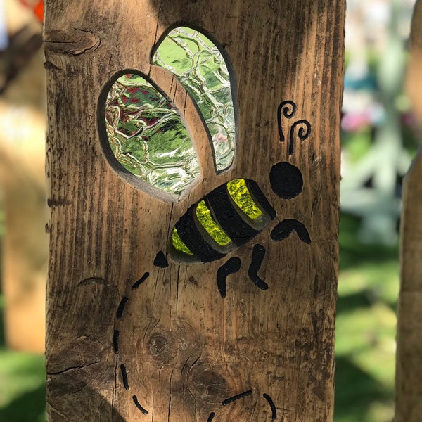 Bee garden sculpture, stained glass, reclaimed wood, art, garden sculpture, retirement gift, birthday present, anniversary, personalised