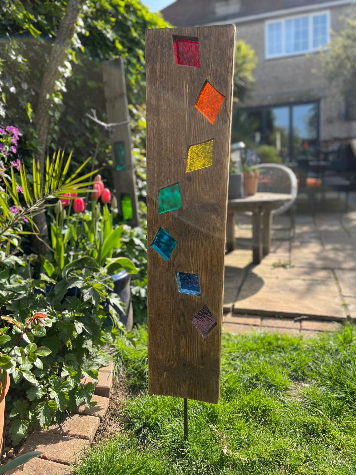 Abstract Garden Sculpture Stained Glass Reclaimed Wood Etsy