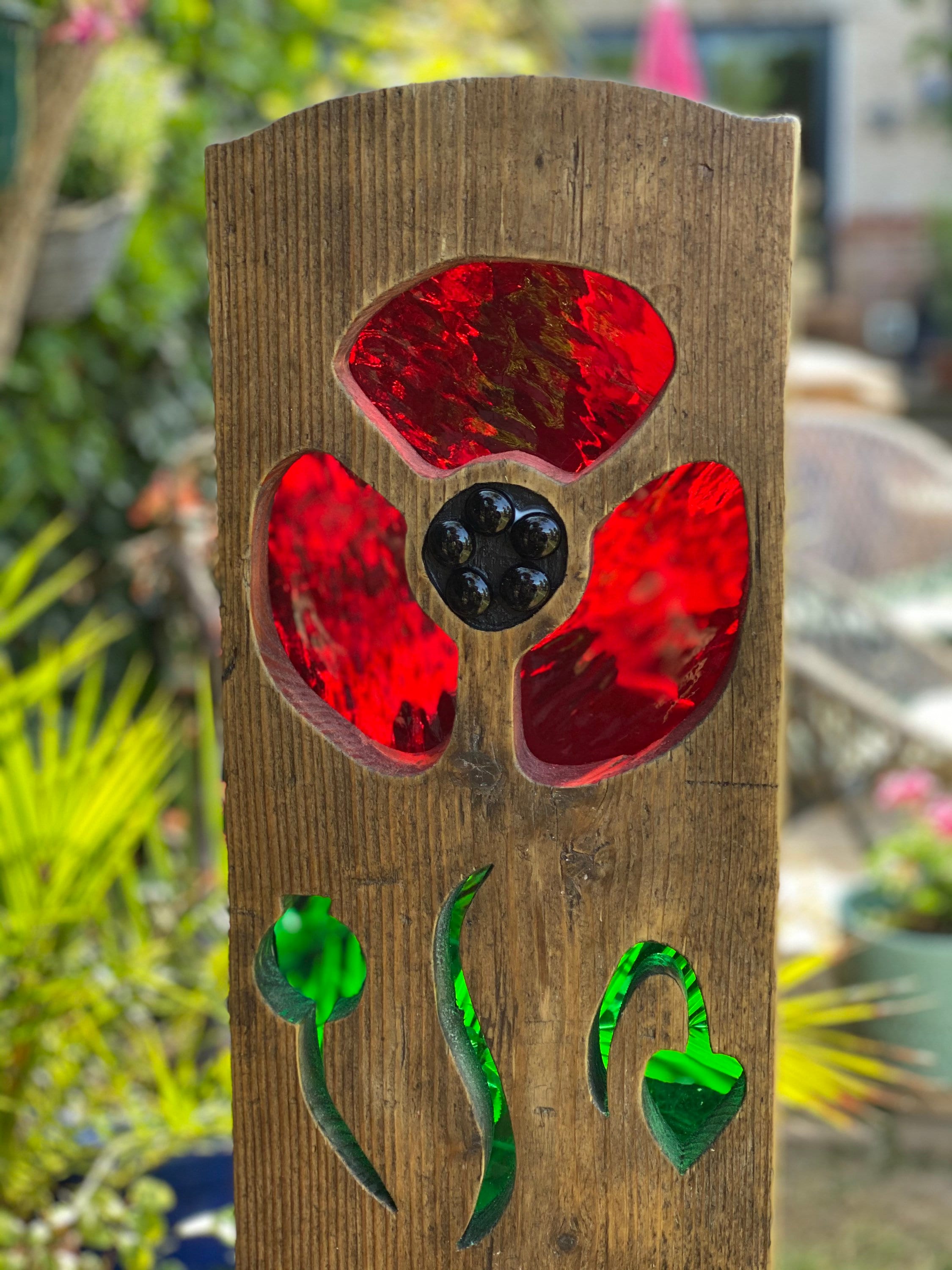 Poppy garden sculpture stained glass reclaimed wood art Etsy