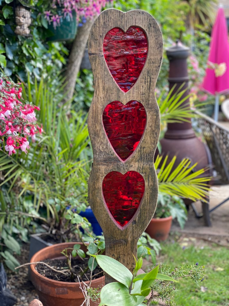 Hearts Garden Sculpture Stained Glass Reclaimed Wood Garden Etsy UK