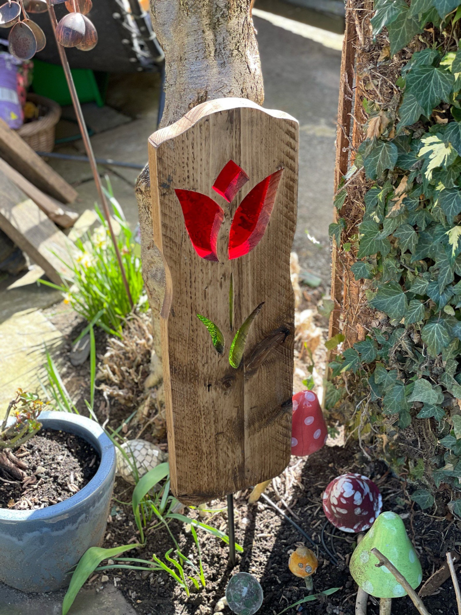 Tulip Garden Sculpture Stained Glass Reclaimed Wood Art Etsy