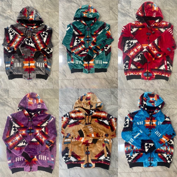 NEUES DESIGN Unisex-Erwachsene-Plüschjacke mit Kapuze und Reißverschluss im Native American Design