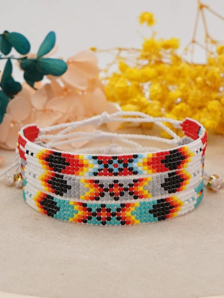 Native American Mayan Bracelet, Red Bead Triple String Elastic