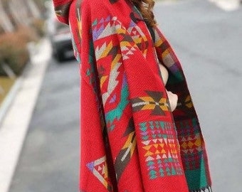 Southwestern Aztec Pattern Hooded Poncho with Tassels