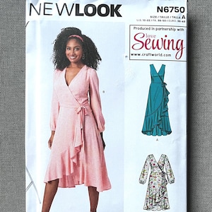 May include: A New Look sewing pattern, N6750, showing a woman in a pink wrap dress with ruffles. The pattern includes illustrations of wrap dresses. The text on the pattern reads "Produced in partnership with love Sewing" and "Designed and printed in USA."
