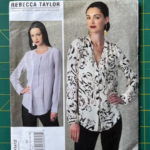 May include: A Rebecca Taylor sewing pattern from Vogue Patterns. The pattern includes two blouse designs, one plain and one with a floral design. The pattern number is V1412, and the size range is B5 (8-10-12-14-16).