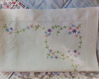 Vintage white linen embroidered traycloth tablerunner
