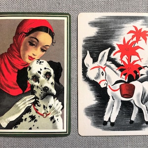 Vintage swap cards, lady and Dalmatian, donkey and flowers, set of two