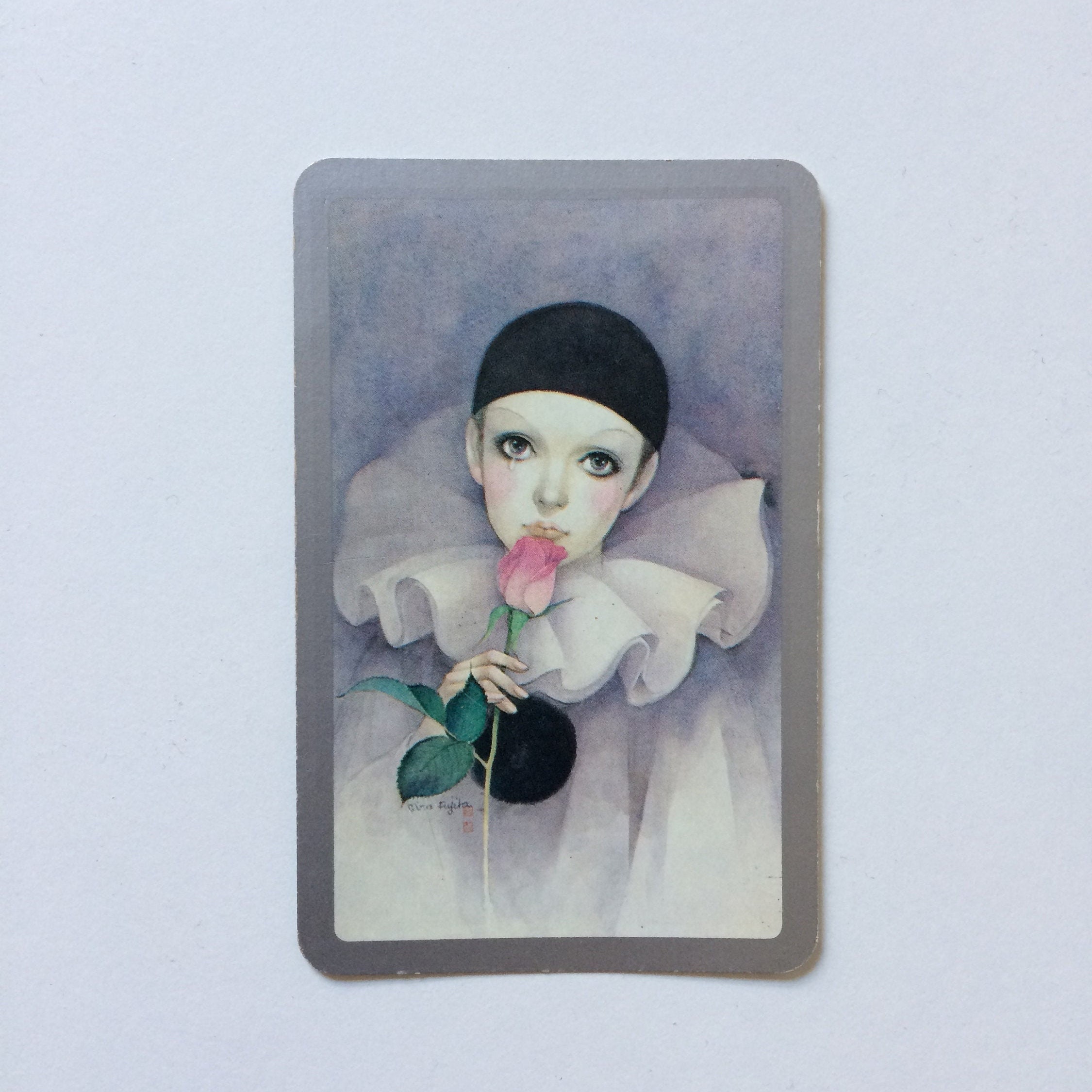 2024年100人100点絵画入賞 Piero Hearts レディー Mira Fujita Pierrot Vintage Playing/swap Card Sad Clown With Rose