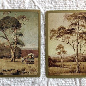 Gum tree scenes, pair of vintage Australian swap cards