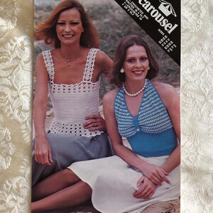 May include: Two women wearing crochet tops. One is wearing a white crochet top with a square neckline and a white skirt. The other is wearing a blue and white striped crochet halter top with a white skirt. The image is from a vintage knitting pattern book titled "Carousel" with the number L481.