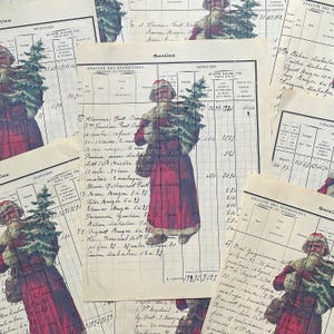 Papier ancien manuscrit français pour grand livre surimprimé avec le père Noël de l'ancien monde en cape rouge, pages éphémères de journal vintage de Noël
