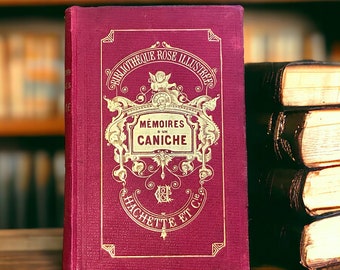 Vintage red French book for display from the Hachette Bibliotheque Rose Library, Memoires d’un Caniche, (poodle), illustrated and dated 1901