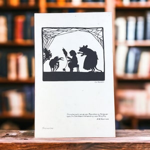 Vintage Däumelinchen Postkarte aus Hans Christian Anderson’s Adventures In Silhouette, illustriert von Else Hasselriis, perfekt für Halloween
