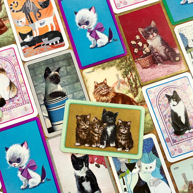 May include: A collection of vintage playing cards featuring various cat illustrations. The cards showcase different cat breeds and poses, with vibrant colors and retro designs. Some cards have text, including the name "Tarzan".