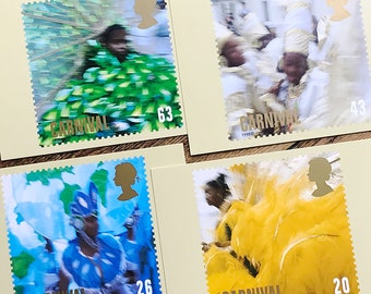 Notting Hill Carnival postcard set, PHQs from the Post Office, set of four vintage postage stamp picture cards, for collectors or snail mail