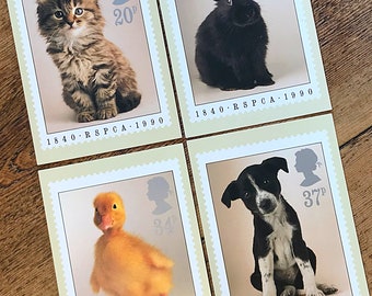 RSPCA young animals postcard set, Puppy Kitten Bunny and duck, four vintage PHQ postage stamp picture cards from the Post Office, gift idea
