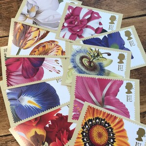 Vintage florale Briefmarken Postkarten, Post Office PHU Bildkartenset, botanische Kunstwerke Blumenkarten für Sammler oder Postcrossing