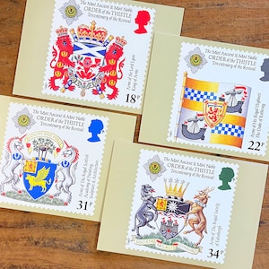ensemble de cartes postales vintage Scottish Heraldry PHQ, cartes illustrées de timbres-poste émises par Royal Mail en 1987, ancien ordre du chardon d'Écosse