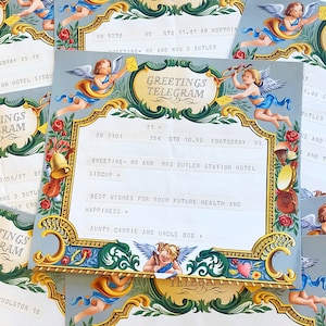 May include: A vintage telegram form with a green and gold border and two cherub angels. The form has a heading that says "Greetings Telegram" and includes the text "Best wishes for your future health and happiness = Aunty Carrie and Uncle Bob +"