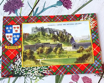 Edinburgh Castle Fraser Tartan Ansichtkaart, vintage Schotse souvenirkaart, Valentine and Sons Art Color Series