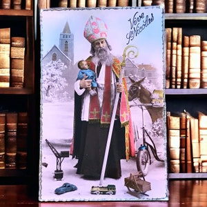Französische Vintage St Nicolas Weihnachtspostkarte, RPPC echte Fotokarte zum Anzeigen oder Versenden für die Feiertage, abgebildet mit Spielzeugen und einem Esel