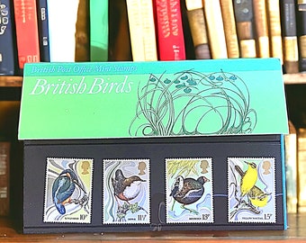 Vintage British Birds postage stamp presentation pack, Post Office Mint Stamps, Kingfisher, Dipper, Moorhen and Yellow Wagtail, gift idea
