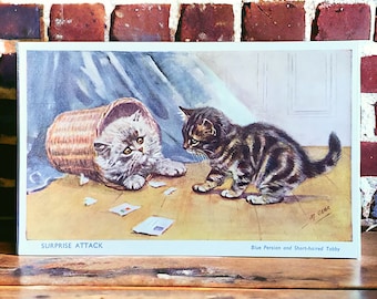 Vintage Blue Persian and Short Haired Tabby Cat postcard artist signed by Mabel Gear, Surprise Attack, unused cute kitten card for collector