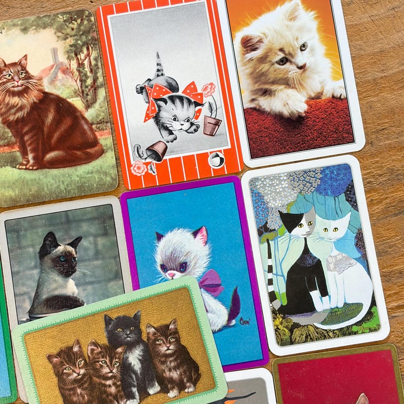 May include: A collection of rectangular playing cards featuring various cat illustrations, including a brown tabby, a kitten with a red bow, a fluffy cream kitten, a Siamese cat, a white kitten with a purple bow, and a pair of black and white cats.