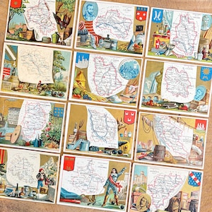 Chromos vintage de publicité du département français, cartes de publicité du début des années 1900, échangez des cartes de publicité de France contre des revues de pacotille et des collages techniques mixtes