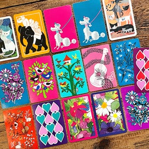 16 cartes à jouer de style bohème brillant à échanger, éphémères vintage pour journaux indésirables, albums de coupures, collage technique mixte, fleurs de coeurs de chiens de chats