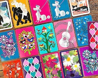 Bright Boho Style Playing Cards for junk journals, scrapbooks, mixed media collage, cats dogs hearts flower, single swap cards ephemera pack