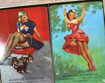 Pair of Gil Elvgren Pin Up Girl Playtime playing cards, advertising ephemera by Brown and Bigelow, junk journals, scrapbooks, single swaps