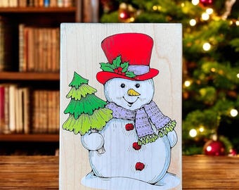 Vintage Jumbo Snowman rubber stamp by Hero Arts, used and wood mounted design for the Holidays, make your own Christmas greeting cards