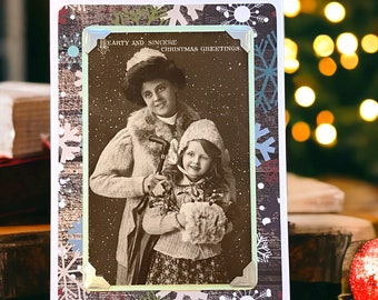 Handmade Vintage Christmas Greetings Card, Hearty and Sincere Xmas Wishes on recycled Holiday Postcard, Mother and Daughter in the snow