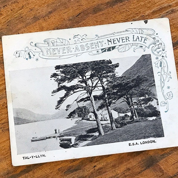 Vintage Tal Y Lyn School Attendance Card, collectable antique Never Absent Never Late award, black and white photograph from Snowdonia Wales