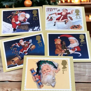 Weihnachtsmann und Cracker Postkarten, Post Briefmarke PQQ, Vintage Weihnachtsbild Postkarten aus den 1990er Jahren