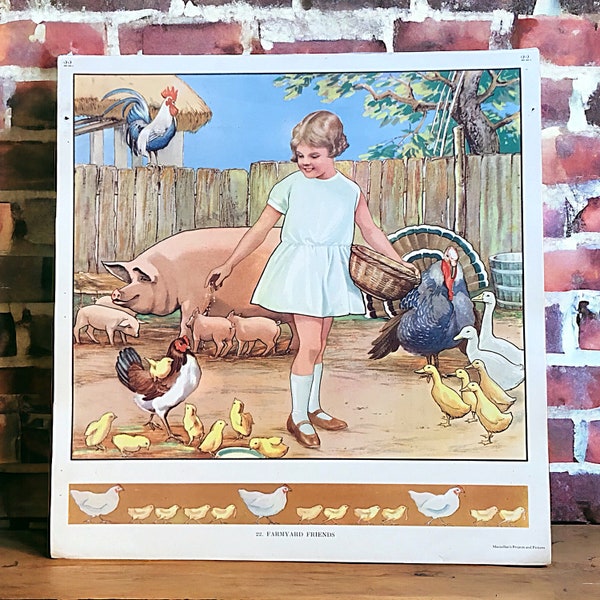 Vintage Farmyard Friends Macmillan school poster, young girl feeds the chickens and ducks, pigs and turkey, classroom print nursery wall art