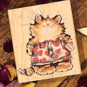 Vintage Valentinstag Katze Gummistempel von Penny Black, Margaret Sherry How Do I Love Thee auf Holz montiert für die Herstellung von Grußkarten
