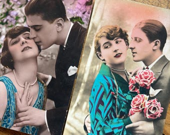 Pair French vintage postcards, romantic couple RPPC for display or crafting, junk journal ephemera, scrapbook and mixed media supplies