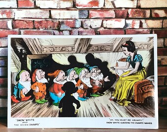 Vintage Snow White and Seven Dwarfs Postcard by Valentines, used children’s card from the Walt Disney Film, Oh You Must Be Grumpy, very good