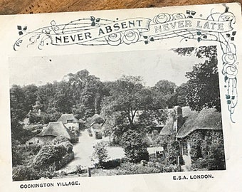 Cockington Village Never Absent Never Late School Attendance Card, black and white vintage photograph, collectable early 1900s ephemera