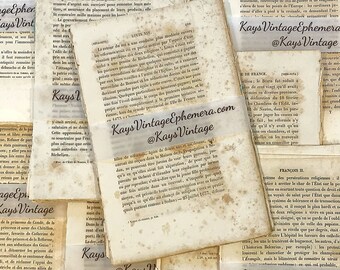 20 antike französische Buchseiten, gealtertes und abgenutztes Papier aus dem 19. Jahrhundert, ideal für Junk Journals, Mixed-Media-Collagen und Decoupage.