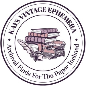 May include: A circular logo featuring a stack of three books, a vintage typewriter, and an inkwell with a quill pen. The text KAYS VINTAGE EPHEMERA and Archival Finds For The Paper Inclined is printed in a dark purple font along the circular border.