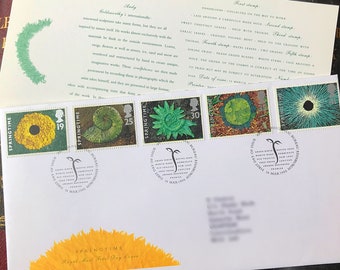 Vintage Springtime First Day Cover by Royal Mail with five postage stamps, collectable Post Office FDC, stamps of natural world sculptures