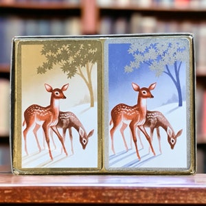 Zwei Vintage Reh Spielkarten für Junk Journals und Scrapbooks, für Singles oder Mixed Media, Bambi im Schnee, Rentier